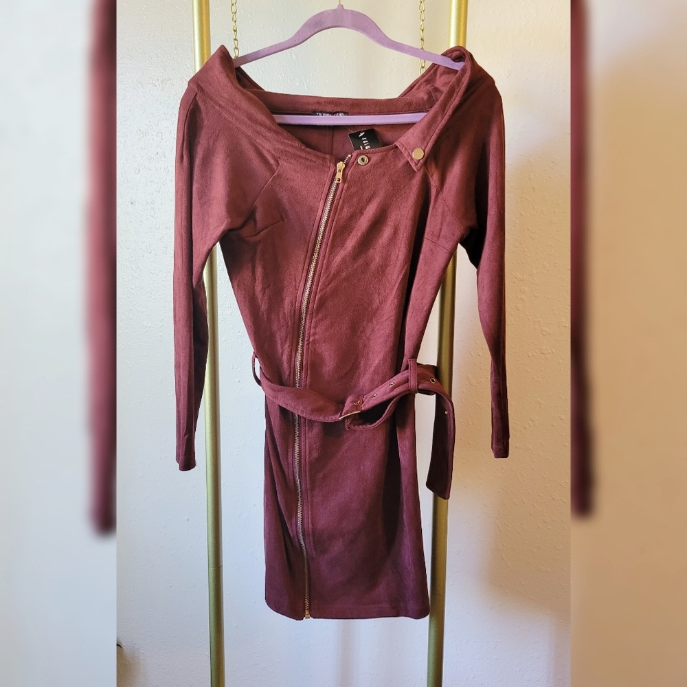 Suedette Mini Zip Up Dress in Rust Brown by Fashion Nova Size S